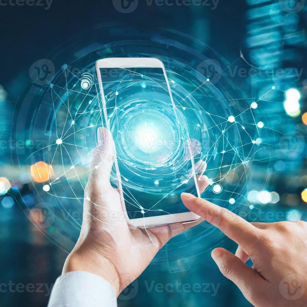 hand pressing button with contact on virtual screens as concept touchscreen photo