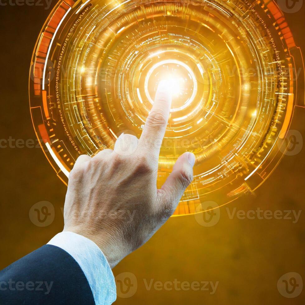 hand pressing button with contact on virtual screens as concept touchscreen photo