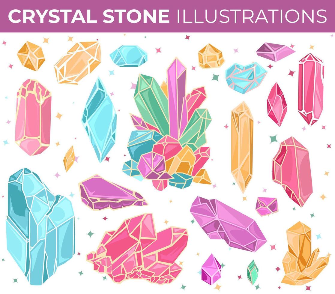 sparkling colorful crystal stones illustration set vector