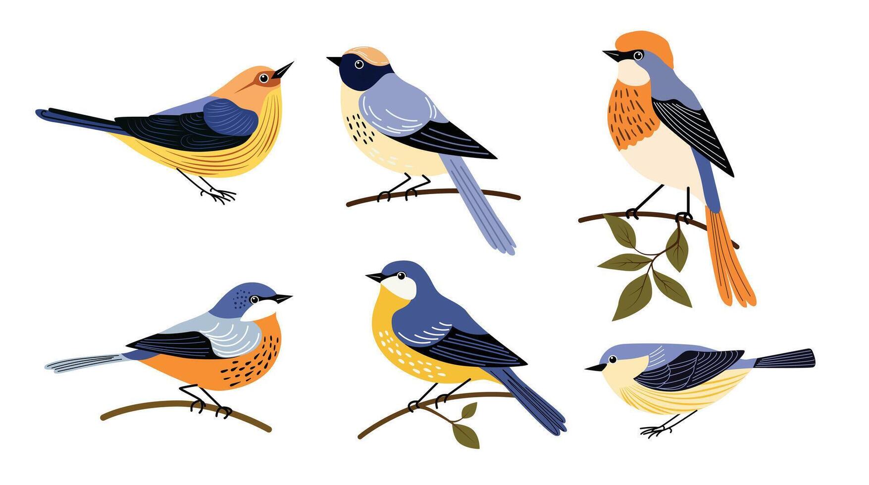 Set of decorative birds hand draw flat vector. vector