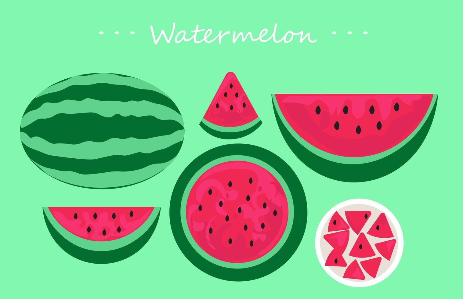 Watermelon slice, various watermelon with bright color. Cute fruit so delicious and healthy with green background. All element are isolated vector