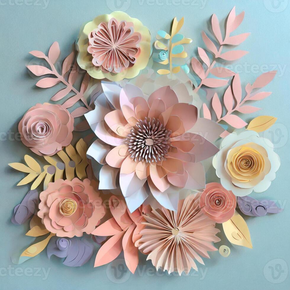 AI generated Background, paper cut, abstract, minimalism, aesthetic, pastel colors, flowers photo