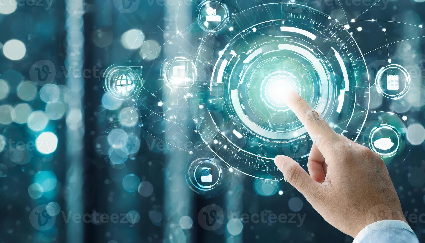 hand pressing button with contact on virtual screens as concept touchscreen photo