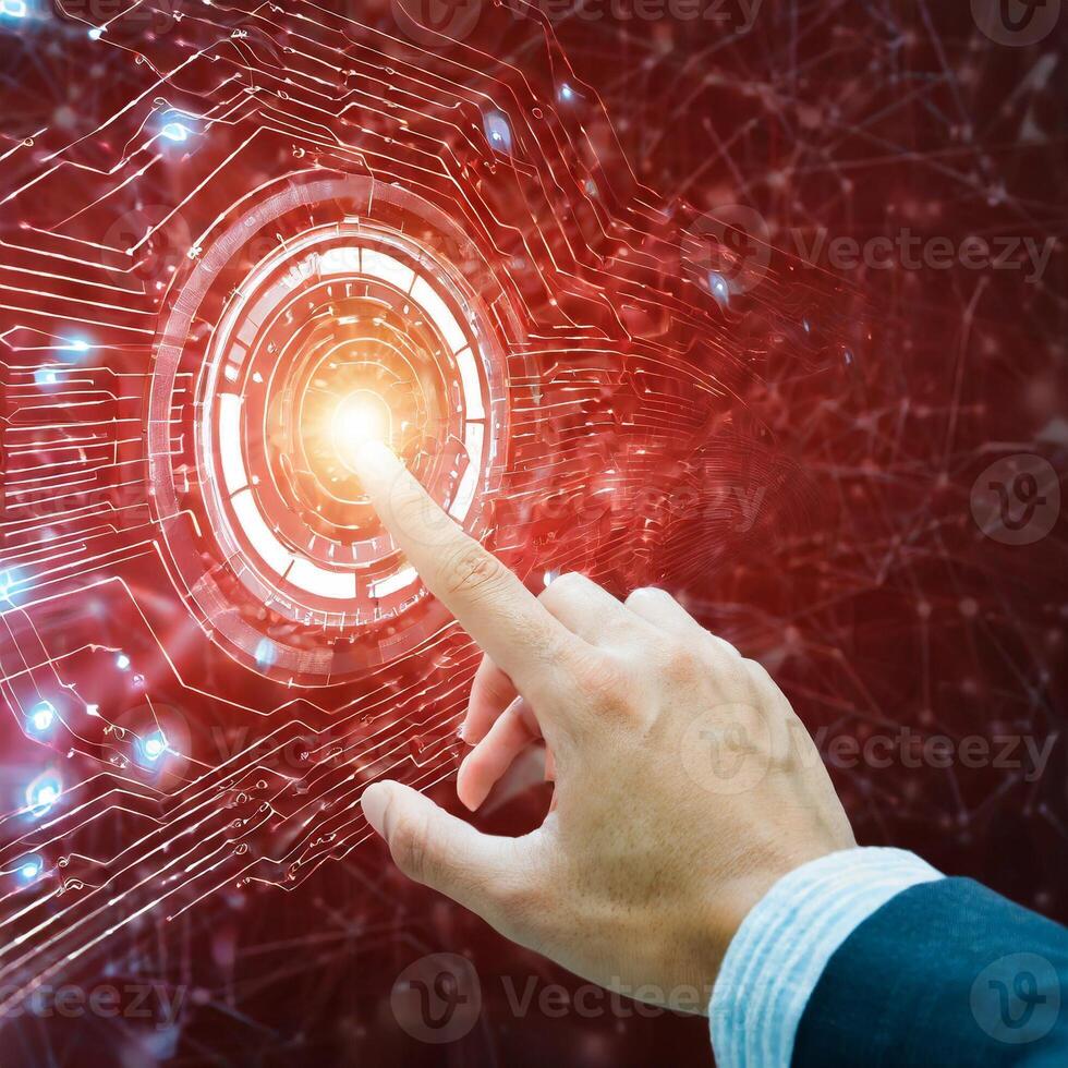 hand pressing button with contact on virtual screens as concept touchscreen photo
