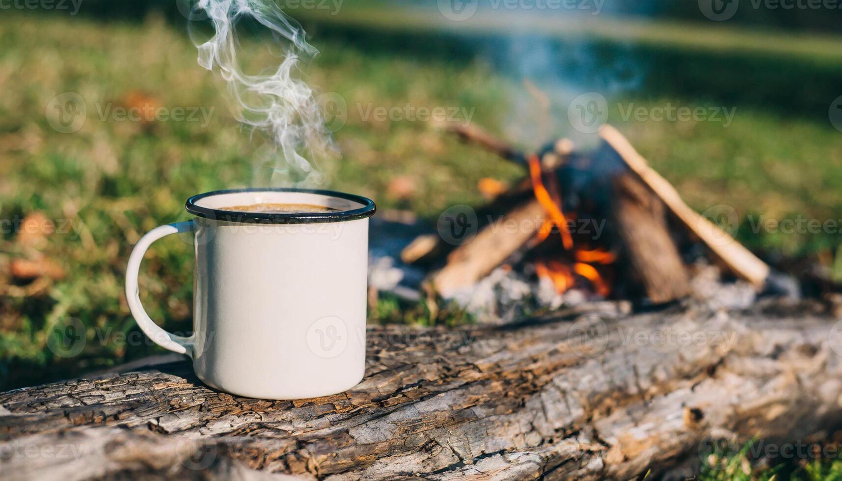 AI generated Enamel cup of hot steaming coffee on old log by an outdoor campfire. Tasty drink. photo