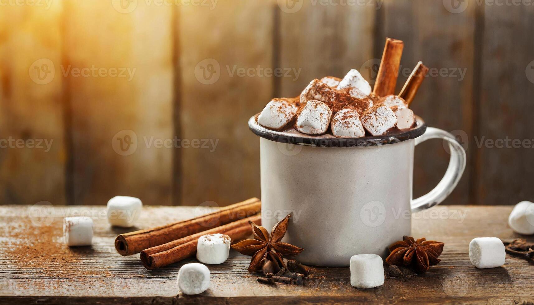AI generated Hot chocolate in metal white cup with marshmallows and cinnamon on wooden table. photo