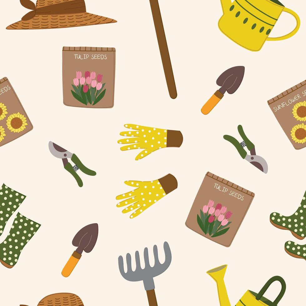 cute spring gardening equipment hand drawn seamless pattern vector illustration for invitation greeting birthday party celebration wedding card poster banner textile wallpaper paper wrap background