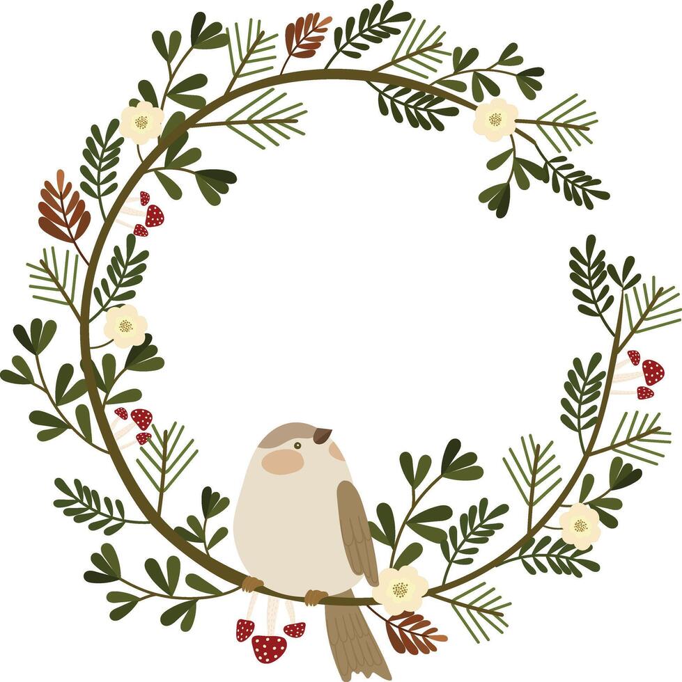 cute bird on tree branch wreath frame border hand drawn clipart vector illustration for invitation greeting birthday party celebration wedding card poster banner wallpaper background