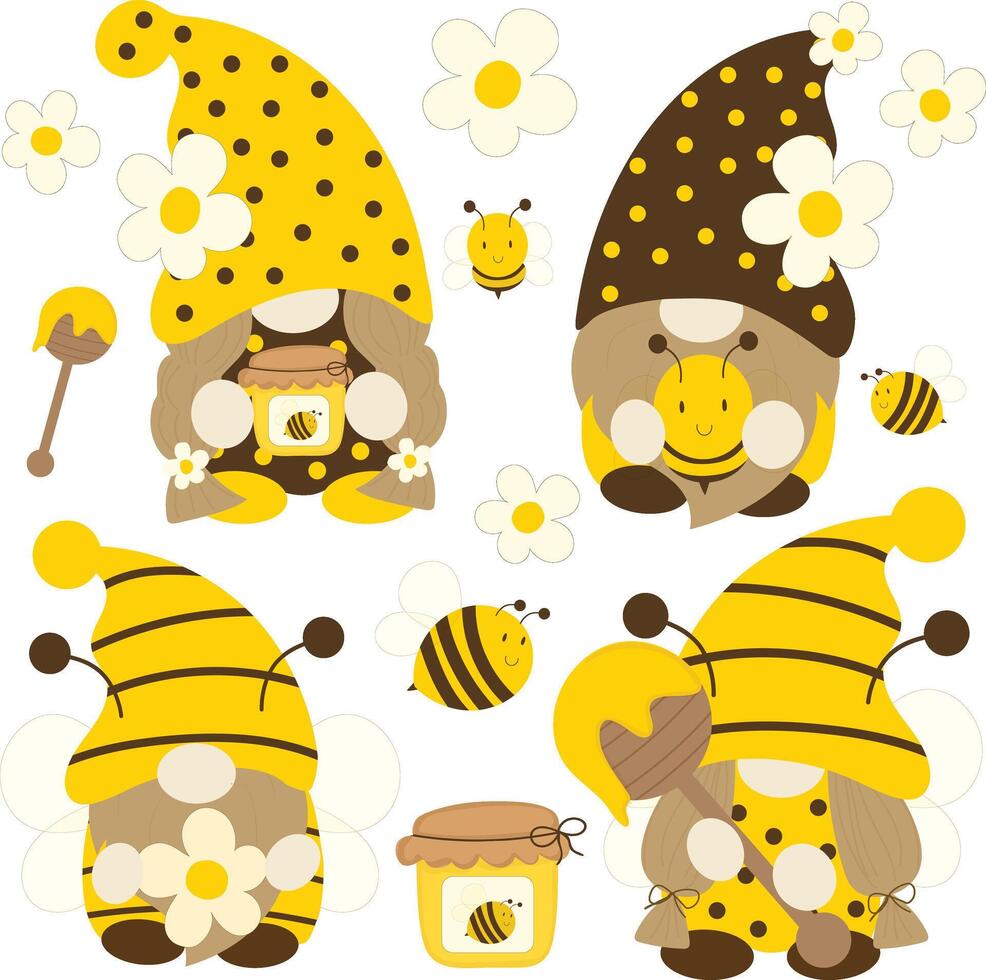 cute Bees gnomes collection hand drawn elements vector illustration for decorate invitation greeting birthday party celebration wedding card poster banner textile wallpaper paper wrap