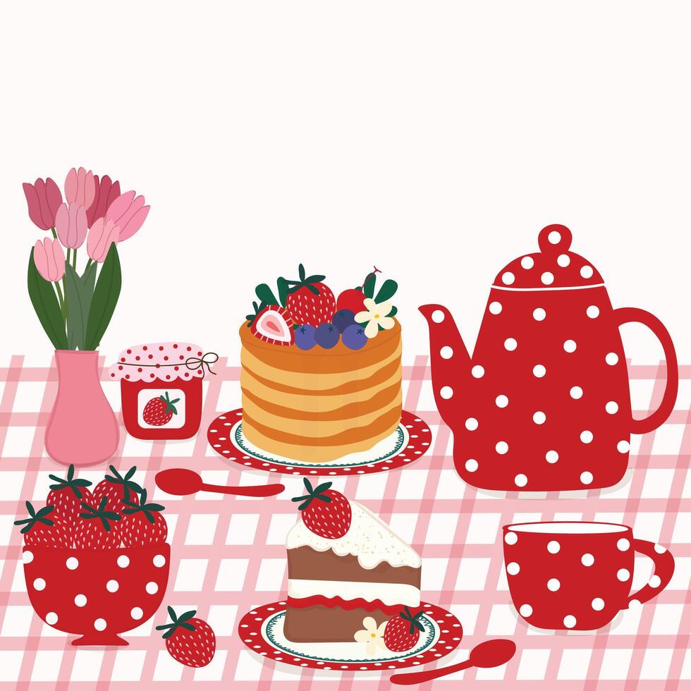 set of tea and strawberry with cakes hand draw clipart element vector for decorate invitation greeting birthday party celebration wedding card poster banner textile wallpaper paper wrap background
