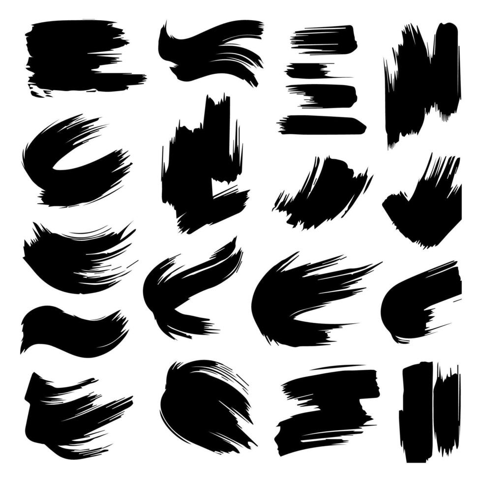 black paint, ink brush strokes, brushes, lines, grungy. Dirty artistic design elements, boxes, frames. Vector illustration. Isolated on white background. Freehand drawing.