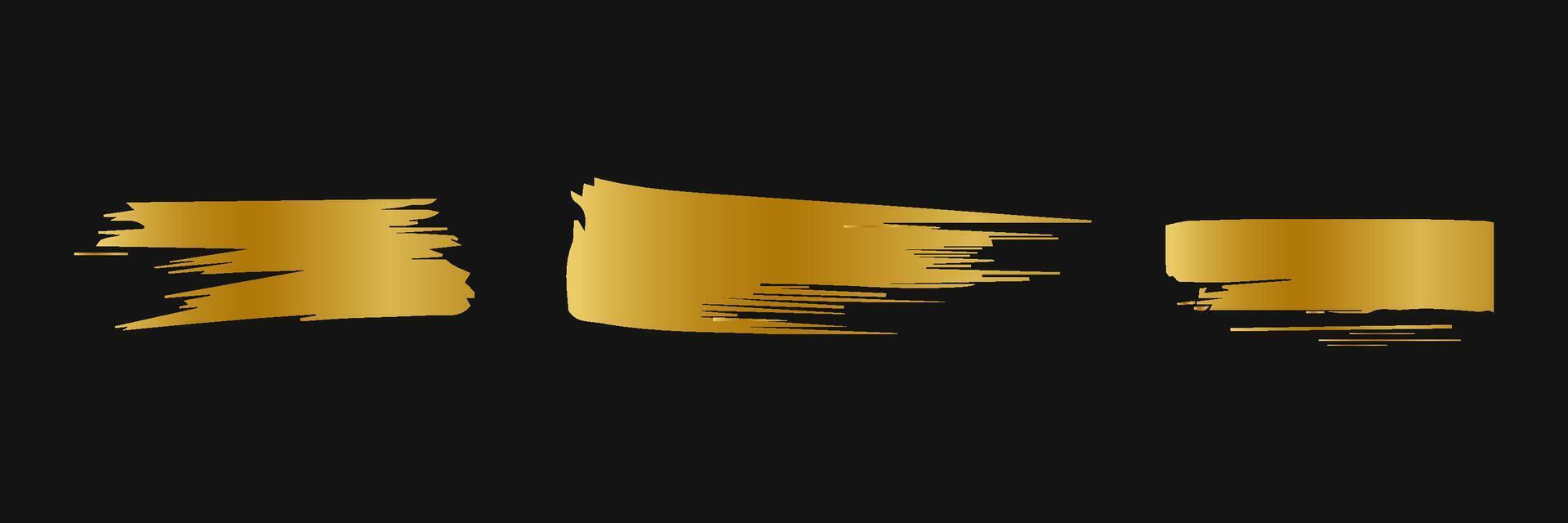 Golden paint brush stroke. Set of gold paint smear with glittering texture. Realistic gold brush stroke with metallic effect. Vector