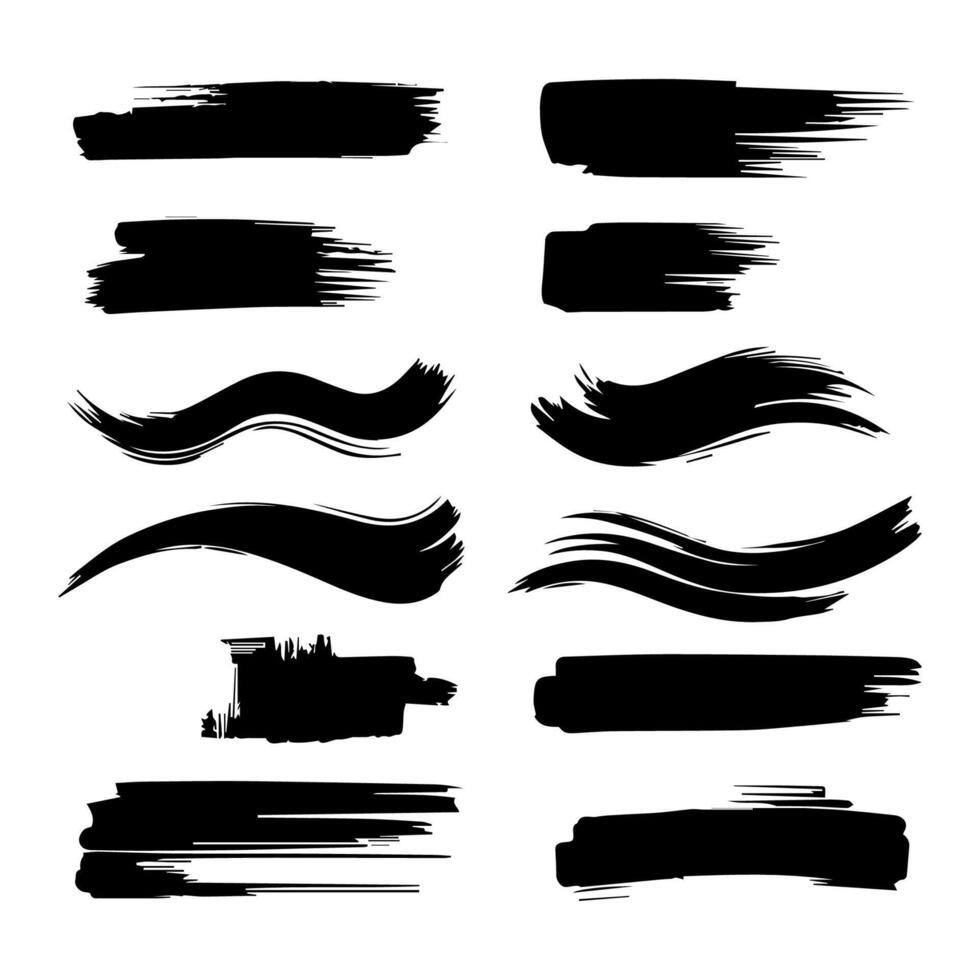 Set of black paint, ink brush strokes, brushes, lines, grungy. Dirty artistic design elements, boxes, frames. Vector illustration. Isolated on white background. Freehand drawing.