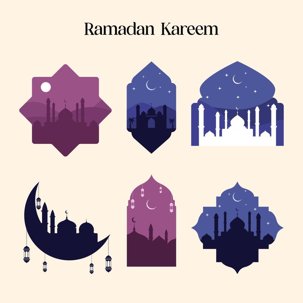 Collection of Islamic shape with modern boho design, mosque dome and lanterns. vector design