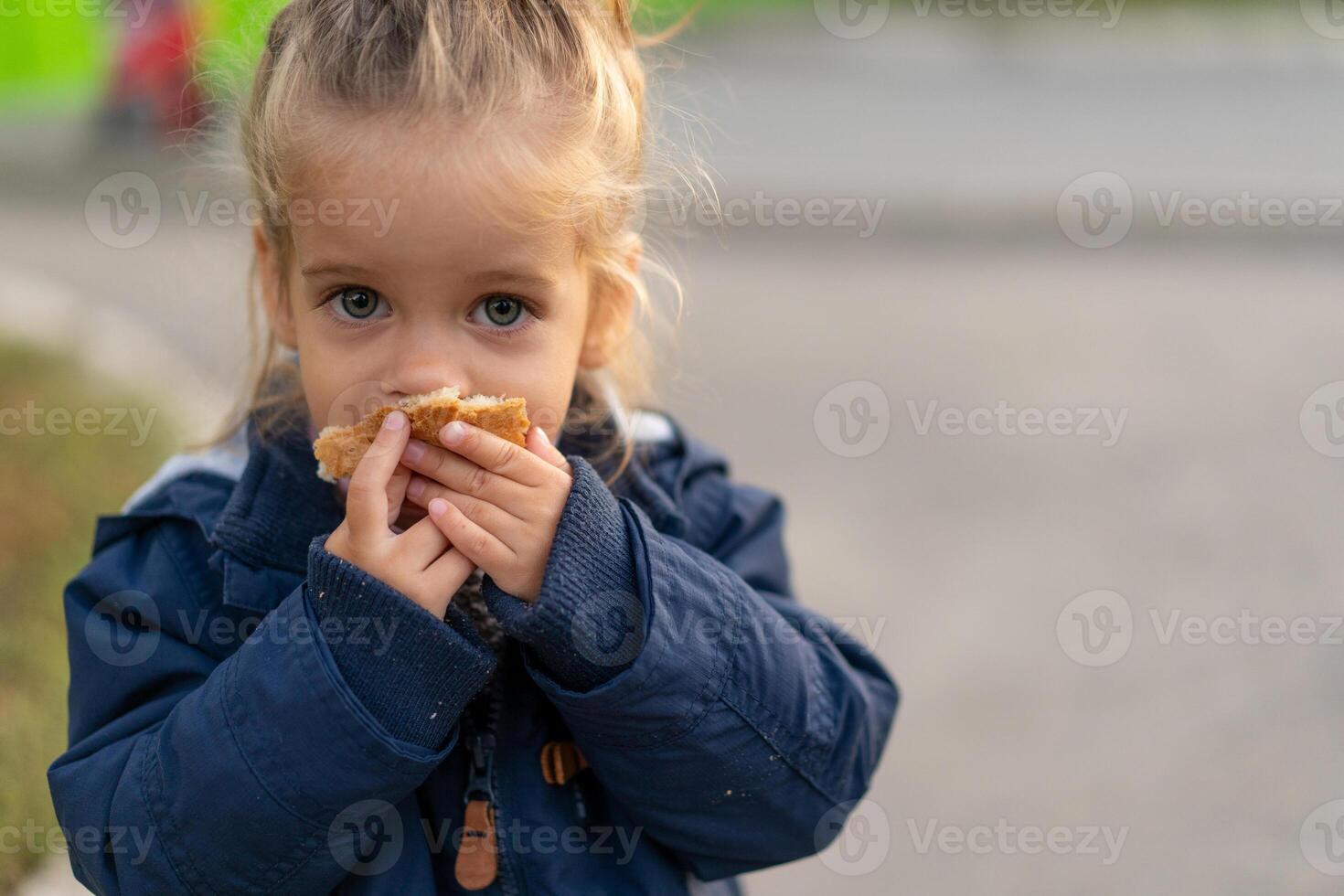 A beautiful little Caucasian girl with blond hair and eating bread eagerly with her hands looks at the camera with sad eyes photo