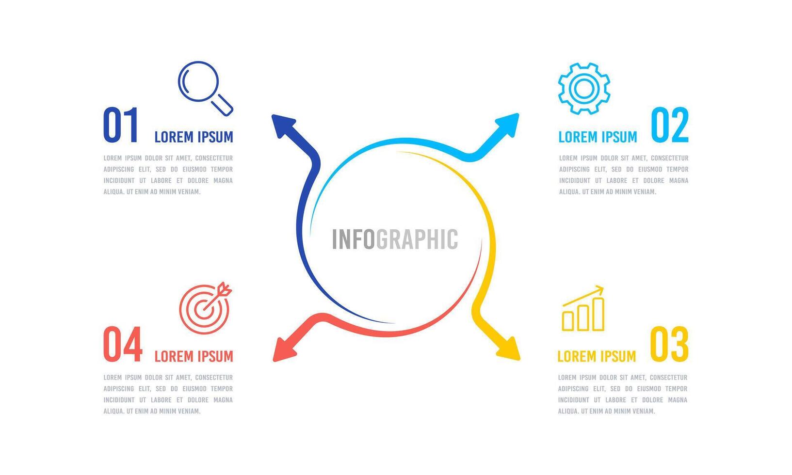 Business infographic template. 4 arrows line design. Infographic cycle options or steps. Vector illustration.