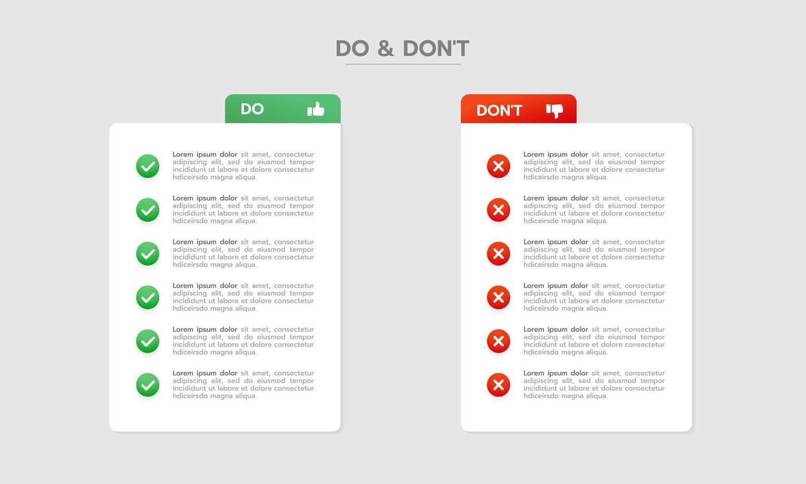 Do's and Don'ts Pros and Cons VS Versus Comparison. Infographic Design Template. Infographic comparison table. Vector illustration.