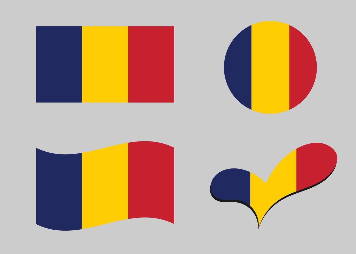 Flag of Chad. Chad flag in heart shape. Chad flag in circle shape. Country flag variations vector