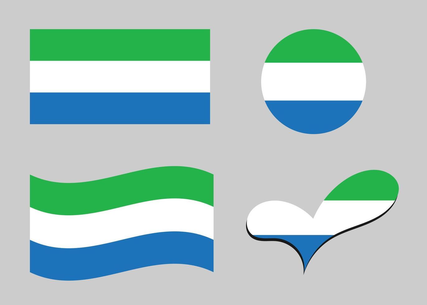 Flag of Sierra Leone. Sierra Leone flag in heart shape. Sierra Leone flag in circle shape. Country flag variations vector