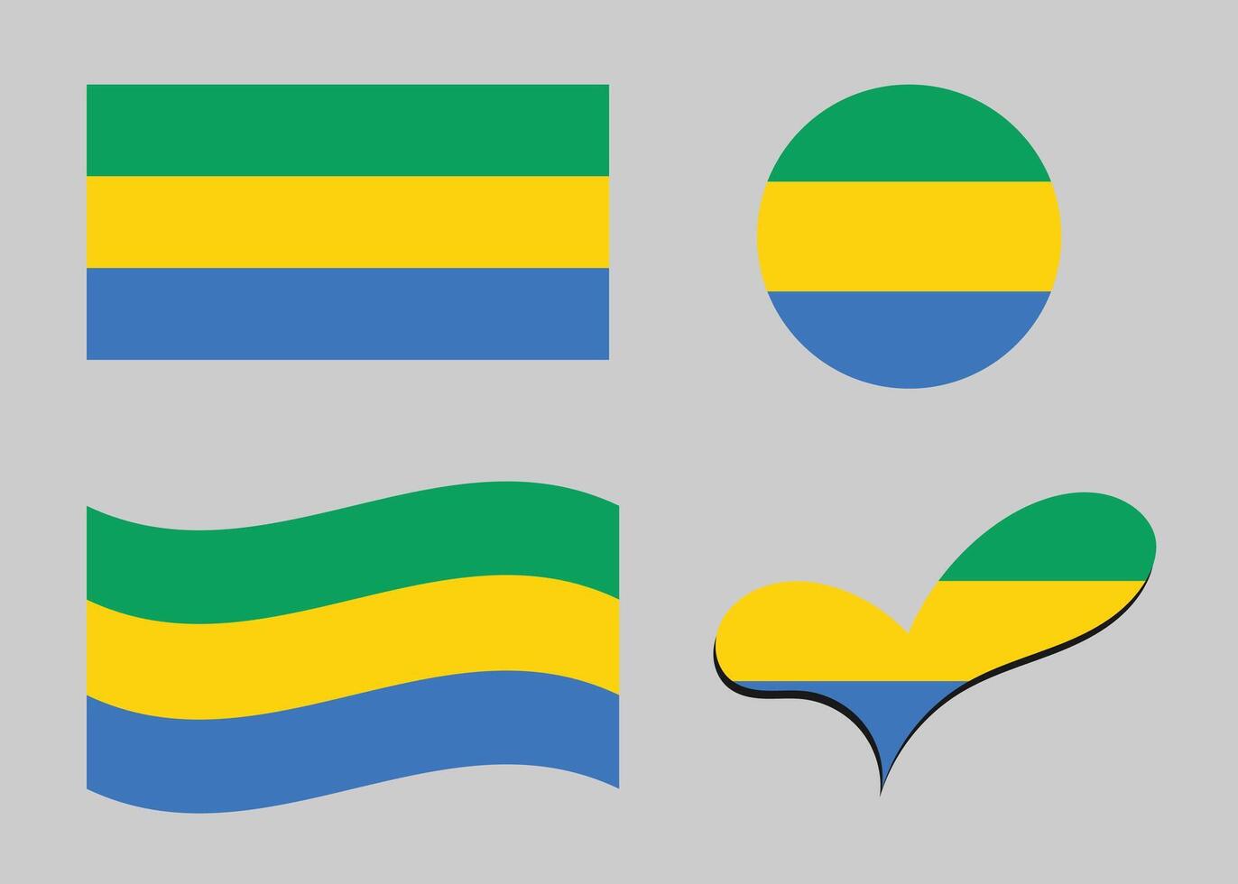 Flag of Gabon. Gabon flag in heart shape. Gabon flag in circle shape. Country flag variations vector