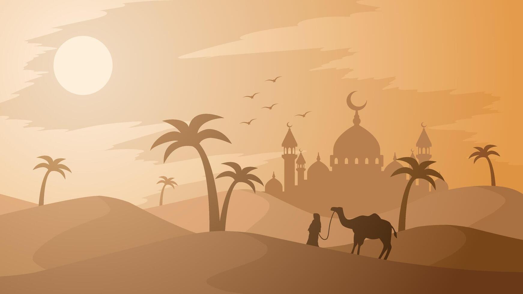 Ramadan landscape vector illustration. Mosque silhouette in the desert with camel and a muslim. Mosque landscape for illustration, background or ramadan. Eid mubarak landscape for ramadan event