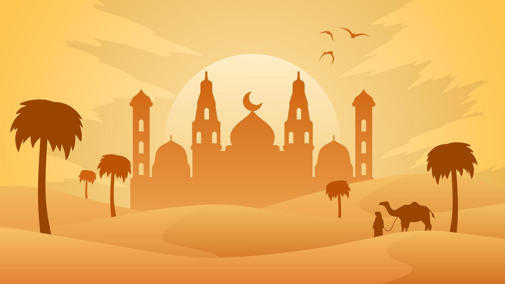 Ramadan landscape vector illustration. Mosque silhouette in the desert with camel and a muslim. Mosque landscape for illustration, background or ramadan. Eid mubarak landscape for ramadan event