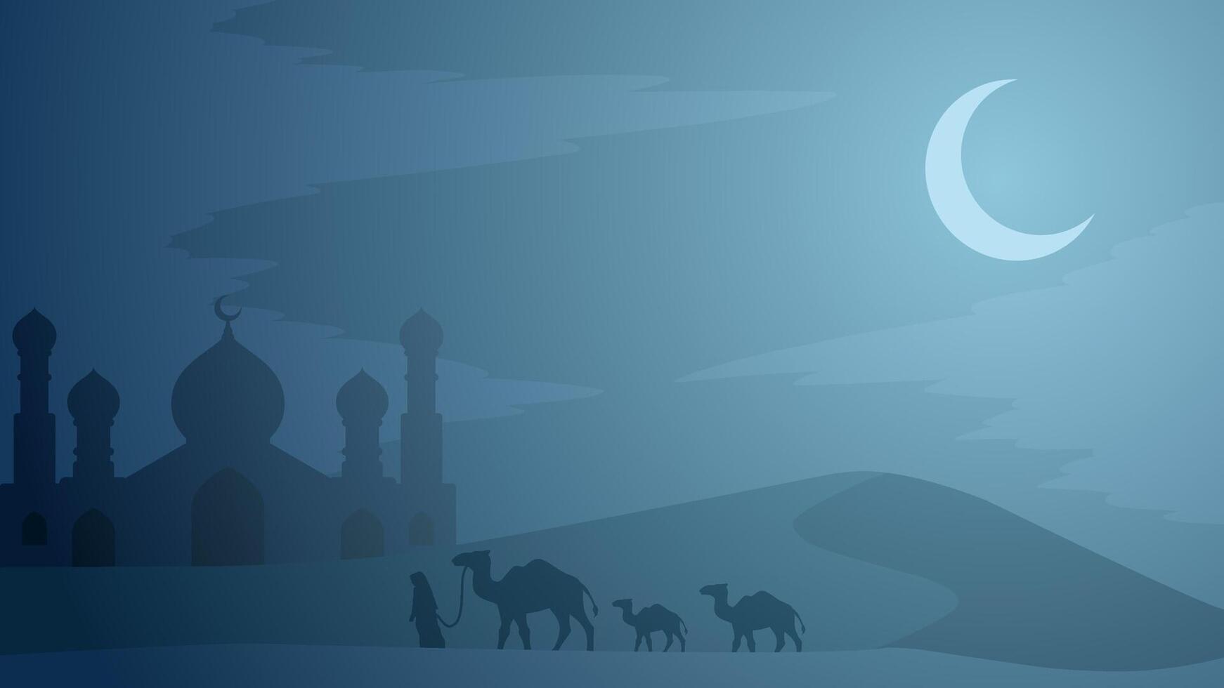 Ramadán paisaje vector ilustración. mezquita en el Desierto con camello y un musulmán a noche. mezquita paisaje para ilustración, antecedentes o Ramadán. eid Mubarak paisaje para Ramadán evento