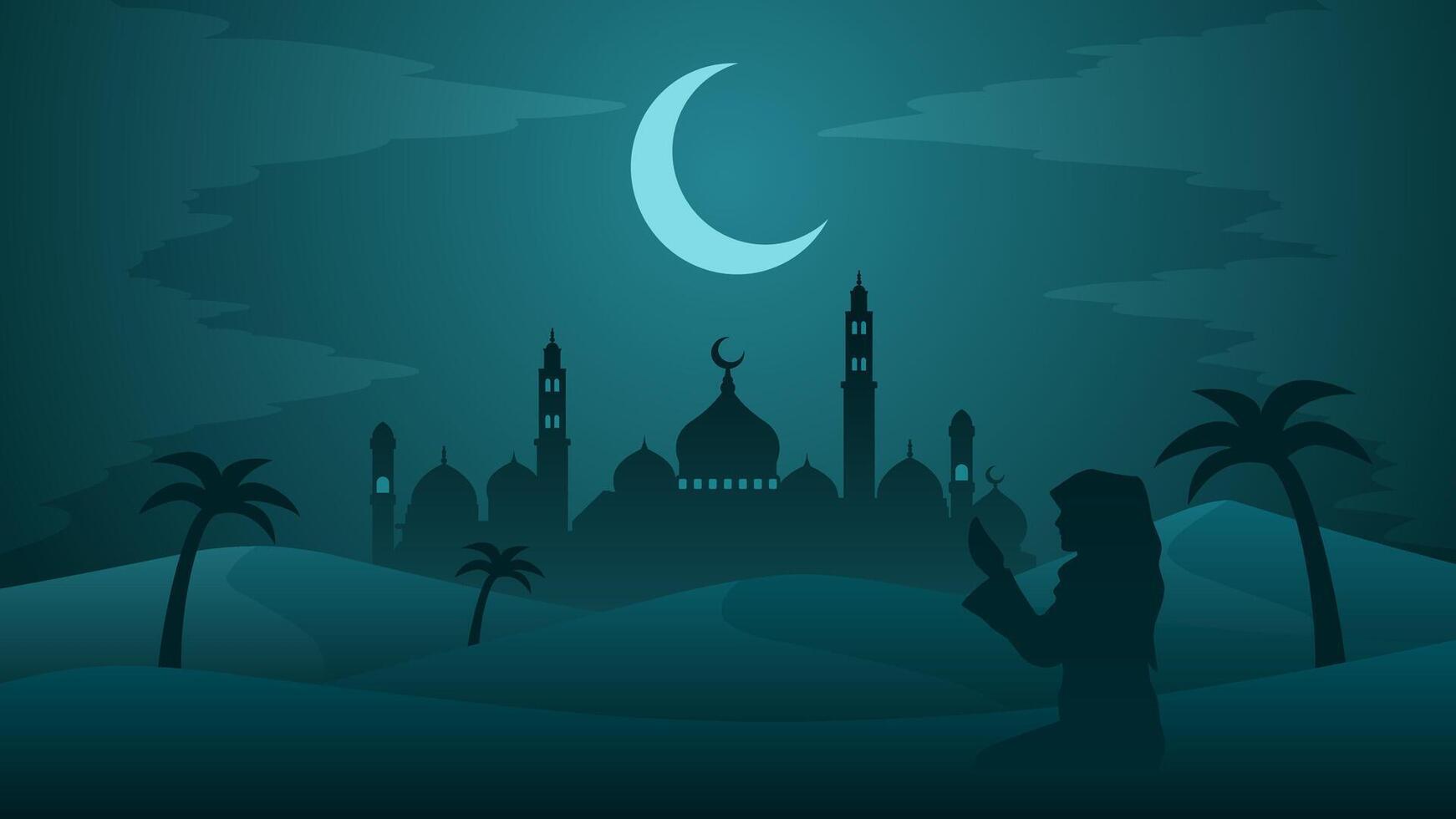 Ramadan landscape vector illustration. Mosque silhouette at night with praying muslim in the desert. Mosque landscape for illustration, background or ramadan. Eid mubarak landscape for ramadan event