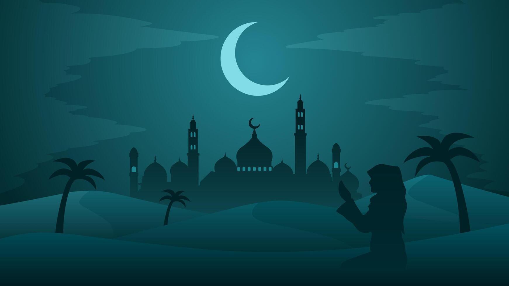 Ramadán paisaje vector ilustración. mezquita silueta a noche con Orando musulmán en el desierto. mezquita paisaje para ilustración, antecedentes o Ramadán. eid Mubarak paisaje para Ramadán evento