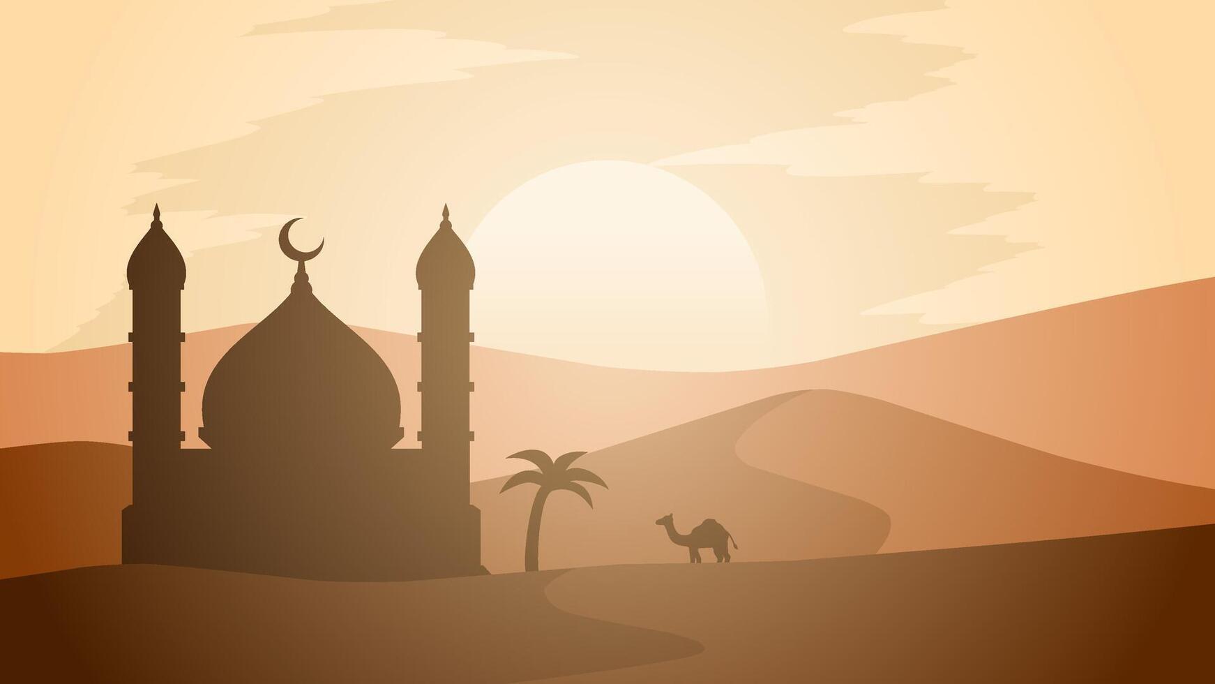 Ramadan landscape vector illustration. Mosque silhouette and camel at desert in the morning. Mosque landscape for illustration, background or ramadan. Eid mubarak landscape for ramadan event
