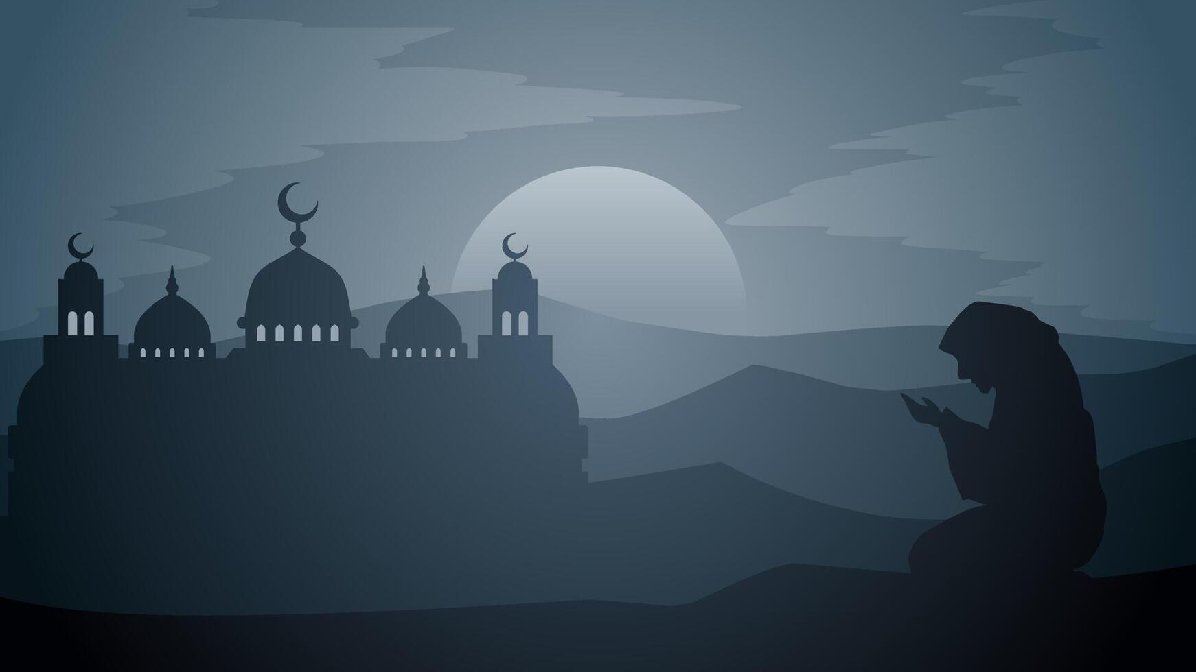 Ramadan landscape vector illustration. Mosque silhouette at night with praying muslim. Mosque landscape for illustration, background or ramadan. Eid mubarak landscape for ramadan event