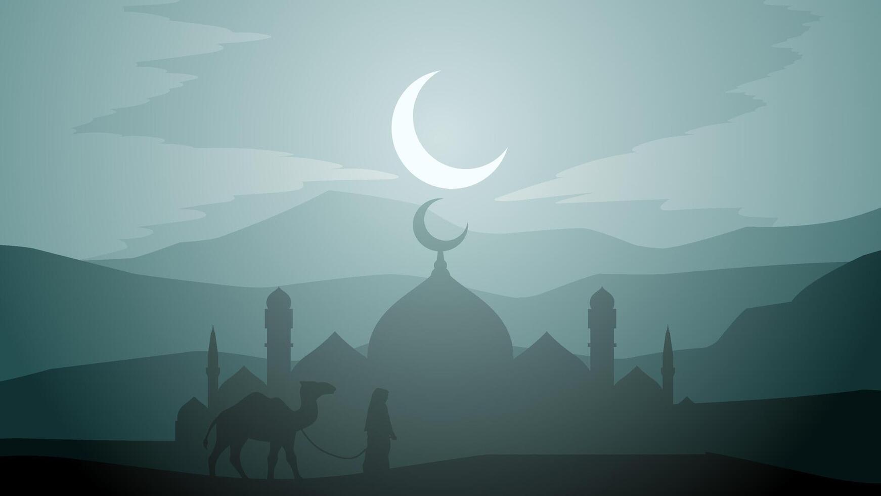 Ramadan landscape vector illustration. Mosque silhouette with camel and a muslim at night. Mosque landscape for illustration, background or ramadan. Eid mubarak landscape for ramadan event