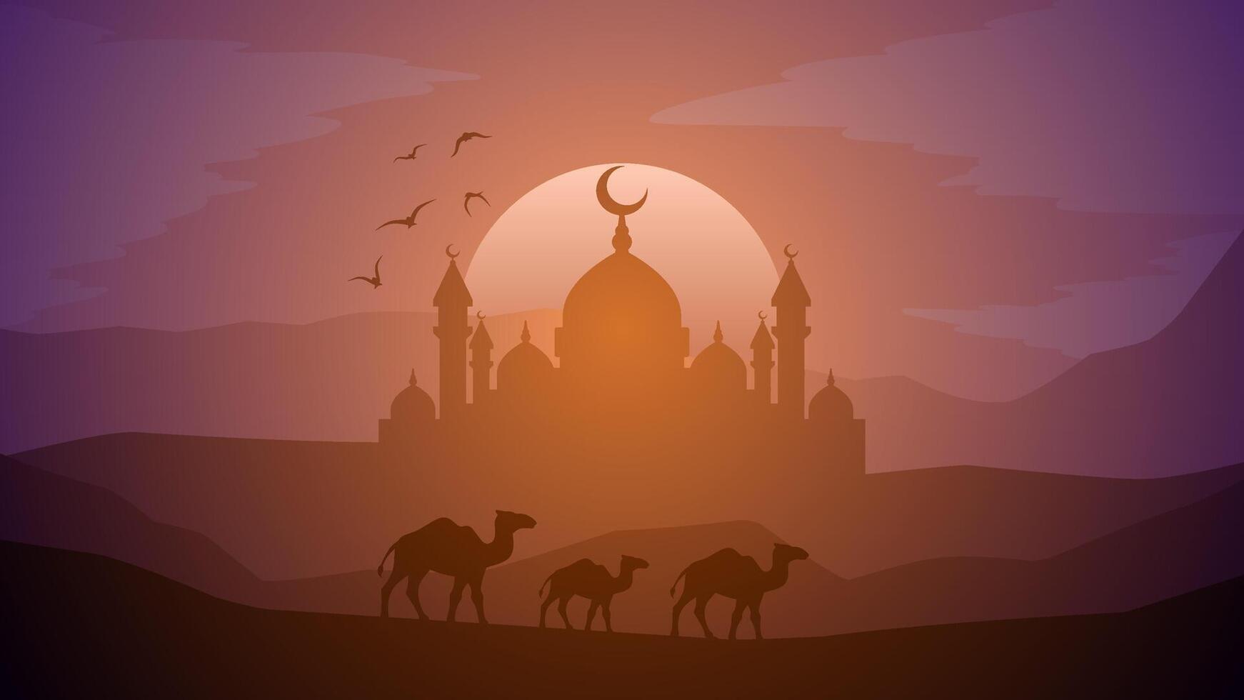 Ramadan landscape vector illustration. Mosque silhouette at night with camel in desert. Mosque landscape for illustration, background or ramadan. Eid mubarak landscape for ramadan event