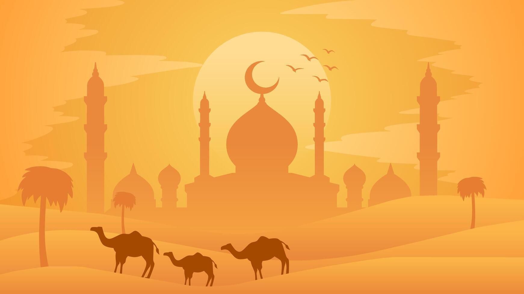 Ramadan landscape vector illustration. Mosque silhouette and camel in the desert with sunset sky. Mosque landscape for illustration, background or ramadan. Eid mubarak landscape for ramadan event