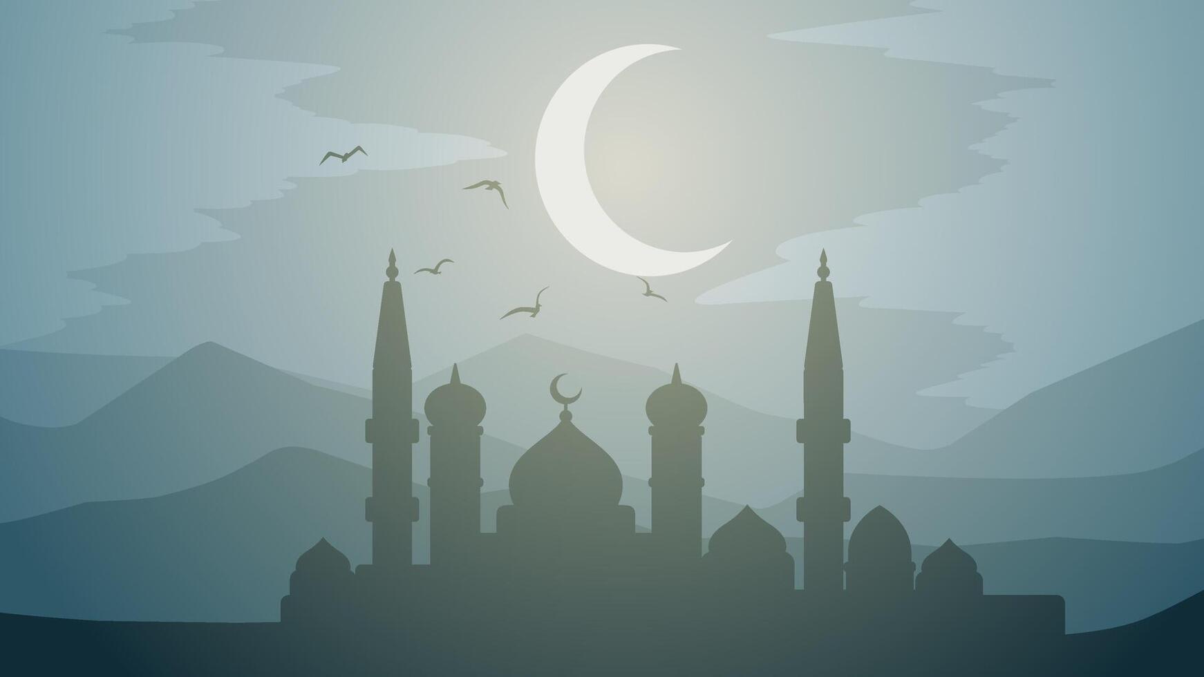 Ramadan landscape vector illustration. Mosque silhouette at night with crescent moon and mountain. Mosque landscape for illustration, background or ramadan. Eid mubarak landscape for ramadan event