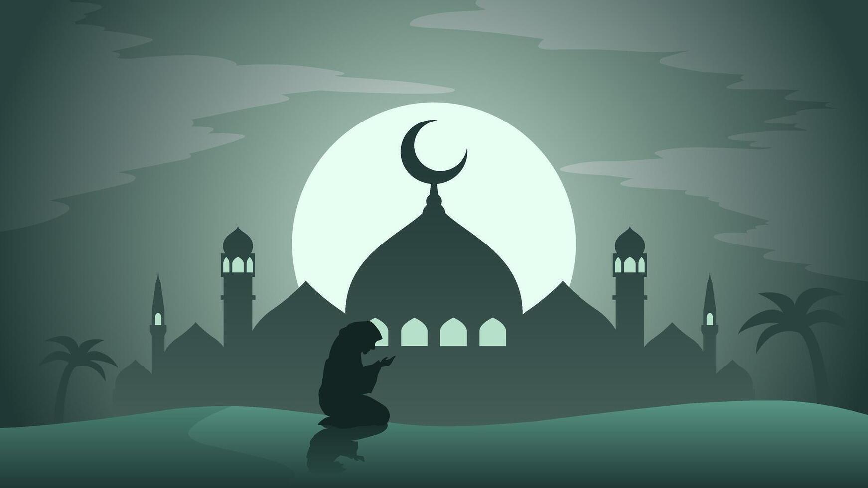 Ramadán paisaje vector ilustración. mezquita silueta a noche con Orando musulmán en el desierto. mezquita paisaje para ilustración, antecedentes o Ramadán. eid Mubarak paisaje para Ramadán evento