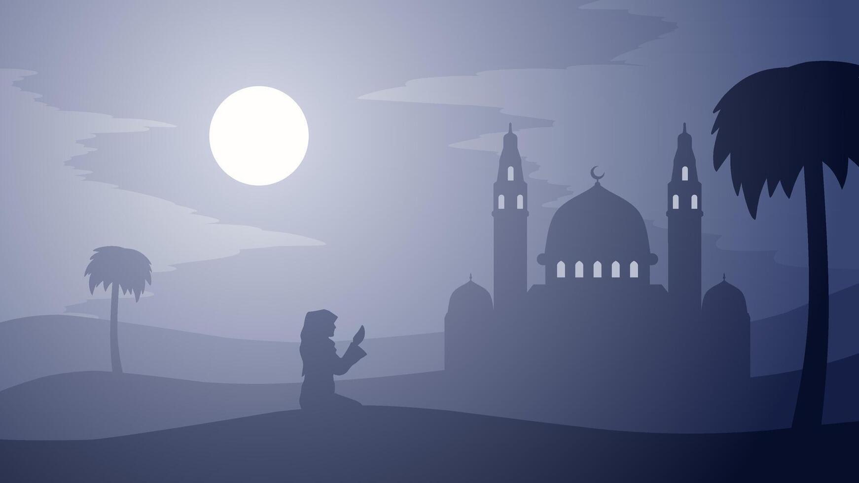 Ramadan landscape vector illustration. Mosque silhouette at night with praying muslim in desert. Mosque landscape for illustration, background or ramadan. Eid mubarak landscape for ramadan event