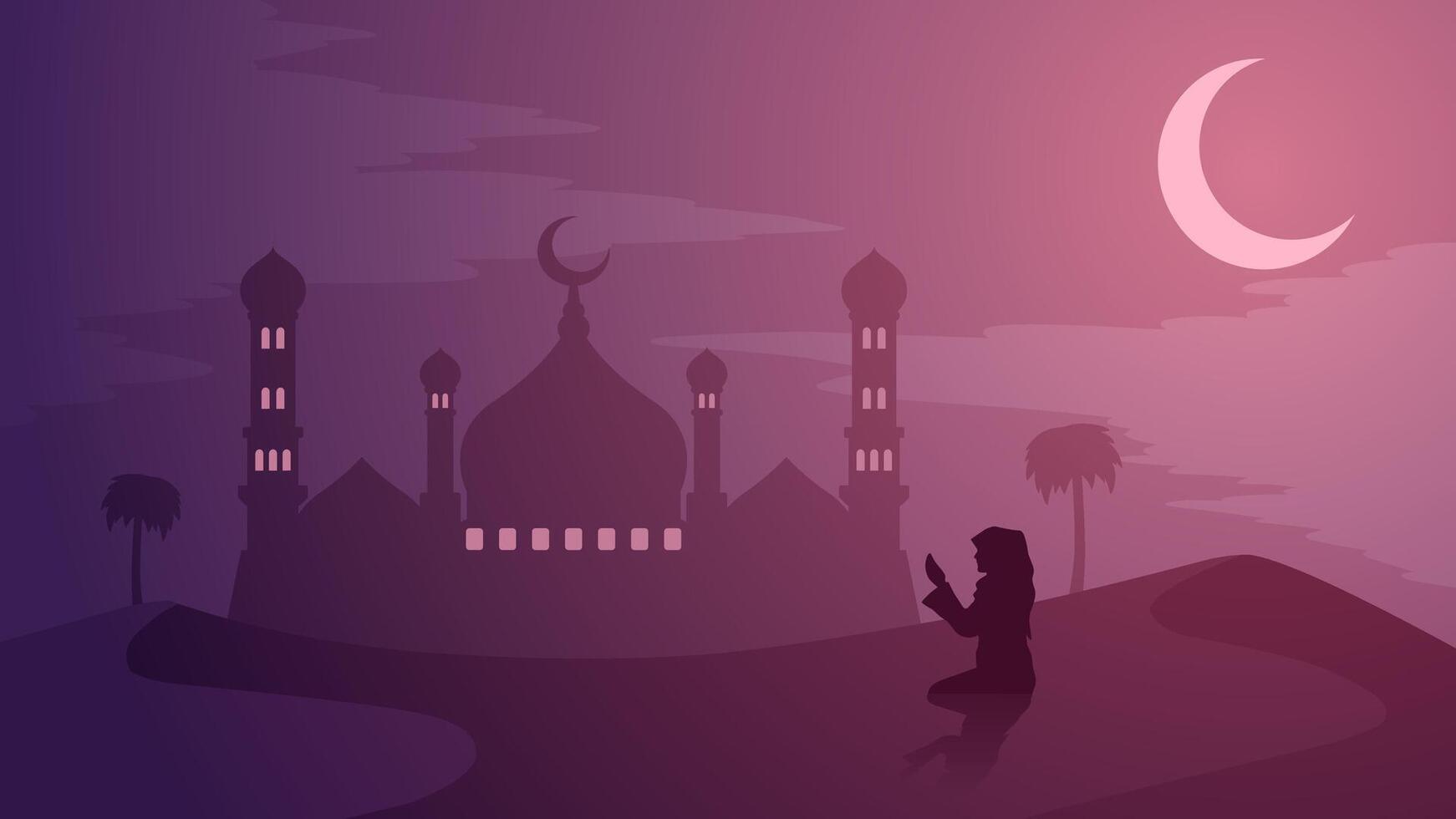 Ramadan landscape vector illustration. Mosque silhouette at night with praying muslim in the desert. Mosque landscape for illustration, background or ramadan. Eid mubarak landscape for ramadan event