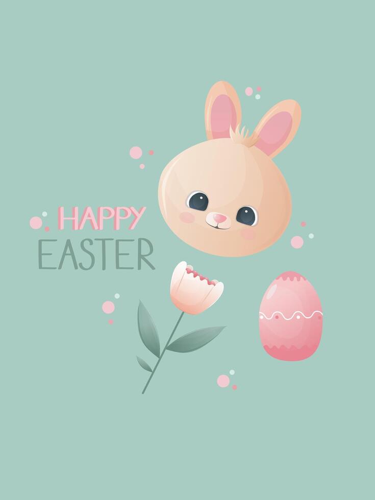 Bunny Easter vector gift card or poster with flower and decorated egg.