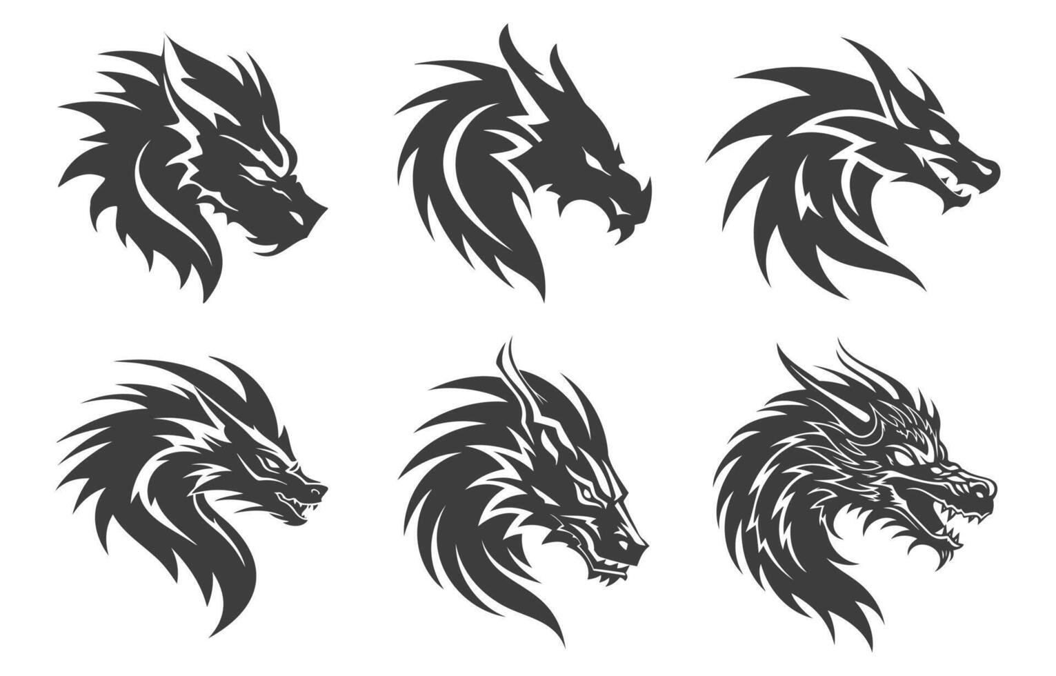 black dragon head logo silhouette set vector
