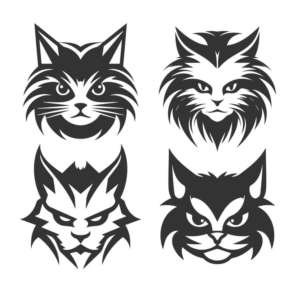set of cat head logo designs black vector with front view