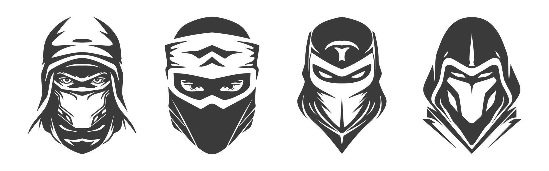 ninja cabeza negro logo tipo diseño conjunto vector