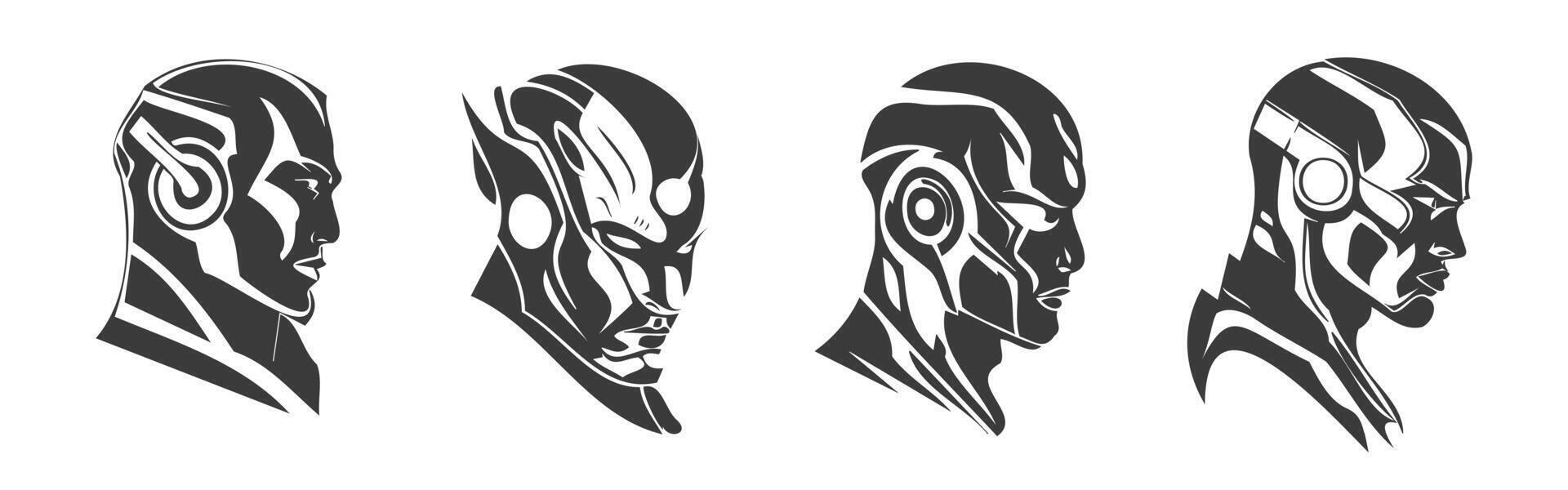 set of black design of robot heads vector