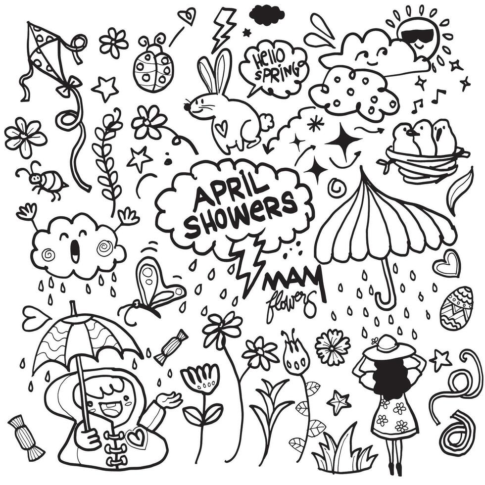 hand drawn of Hello Spring and April Showers Doodle Collectio vector