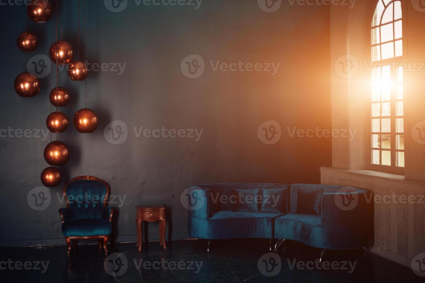 Light and shadow in the dark room with lamp photo