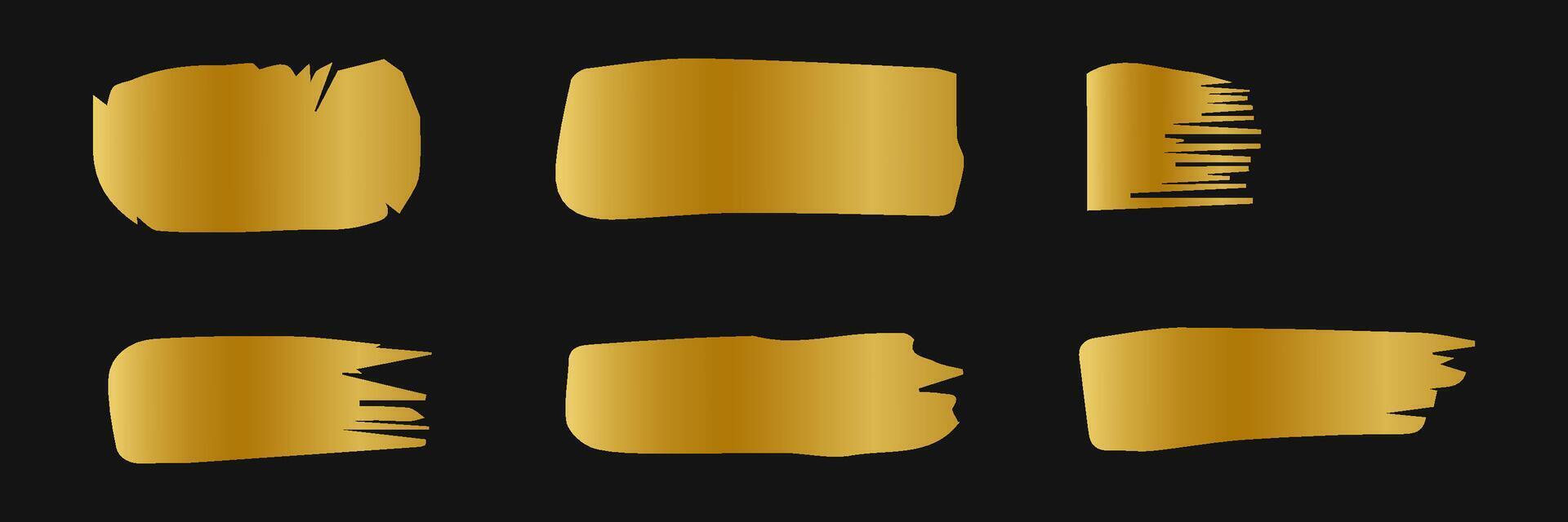 Golden paint brush stroke. Set of gold paint smear with glittering texture. Realistic gold brush stroke with metallic effect. Vector