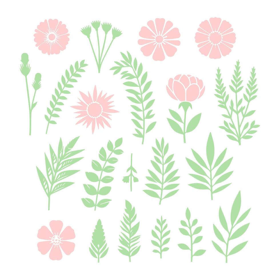floral backdrop decorated with gorgeous multicolored blooming flowers and leaves border. Spring botanical flat vector illustration on white background