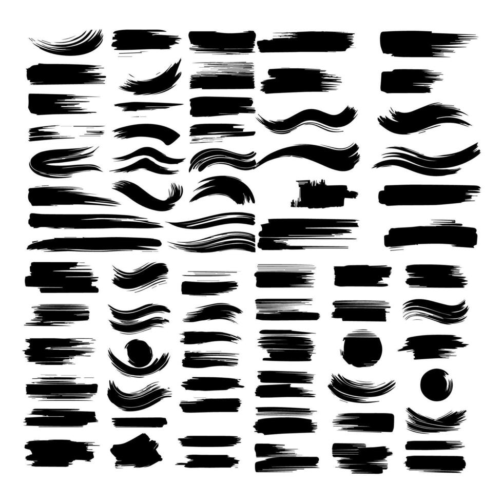 Set of black paint, ink brush strokes, brushes, lines, grungy. Dirty artistic design elements, boxes, frames. Vector illustration. Isolated on white background. Freehand drawing.