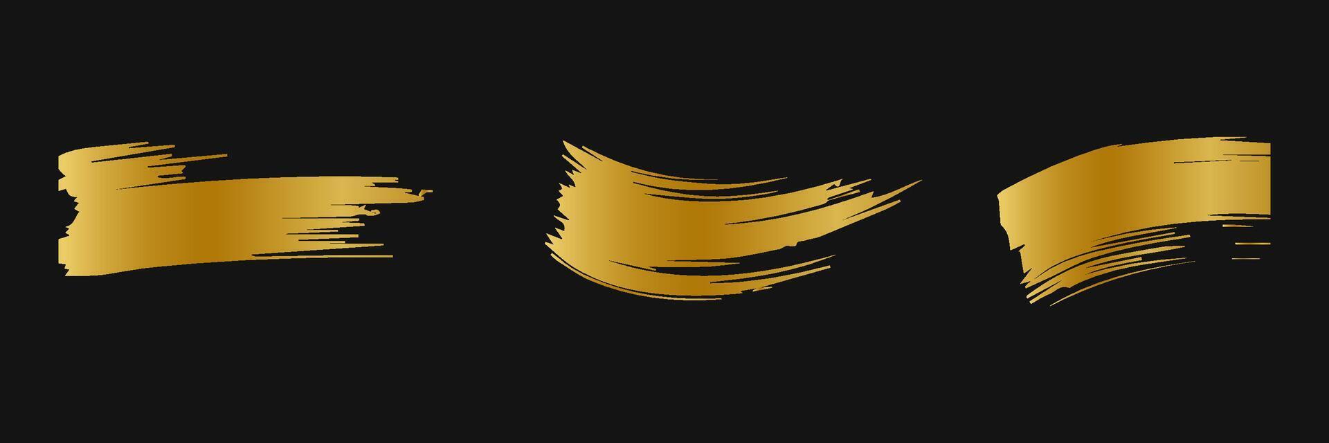 Golden paint brush stroke. Set of gold paint smear with glittering texture. Realistic gold brush stroke with metallic effect. Vector