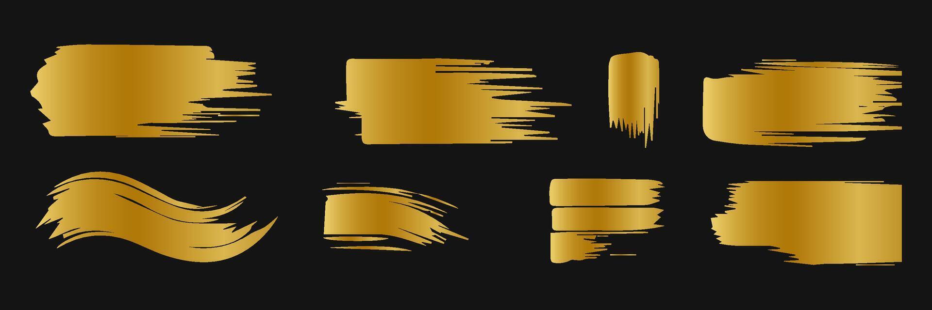 Golden paint brush stroke. Set of gold paint smear with glittering texture. Realistic gold brush stroke with metallic effect. Vector